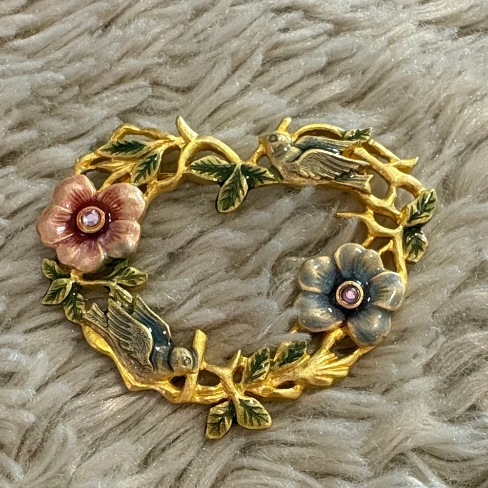 Vintage Kenneth Cole Enamel Floral Bird Gold Tone Heart Brooch Cottagecore